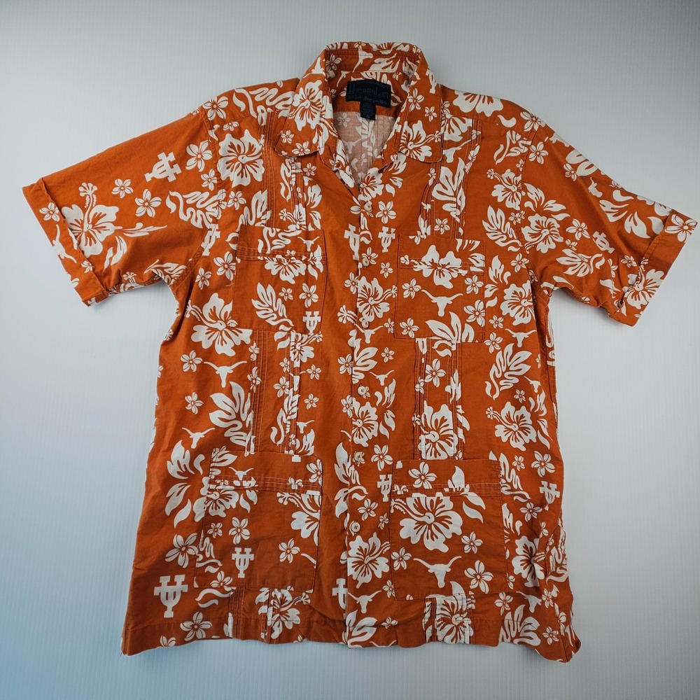 Texas Longhorns Hawaiian Guayabera Shirt Mens Large Burnt Orange Floral Pataloha